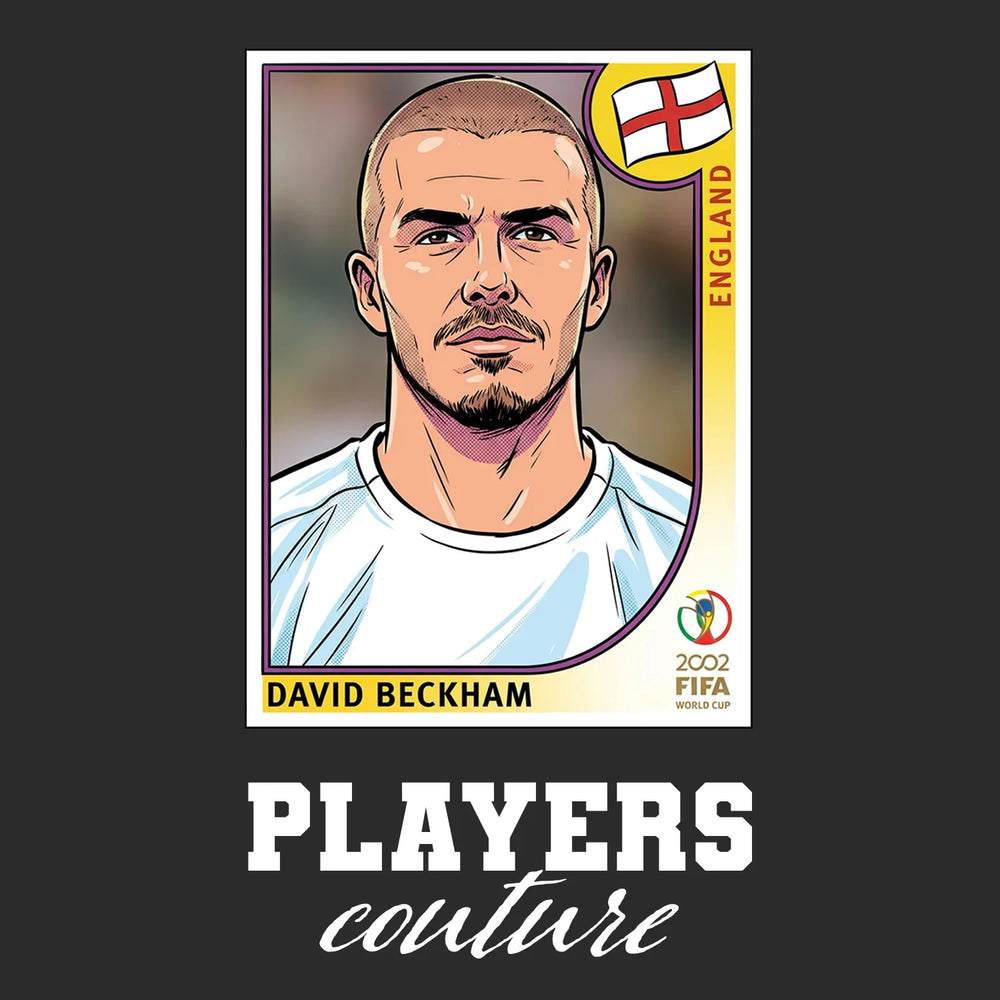David Beckham 2002 World Cup Sticker Men's T-Shirt – black close-up detail shot of the David Beckham 2002 World Cup Players