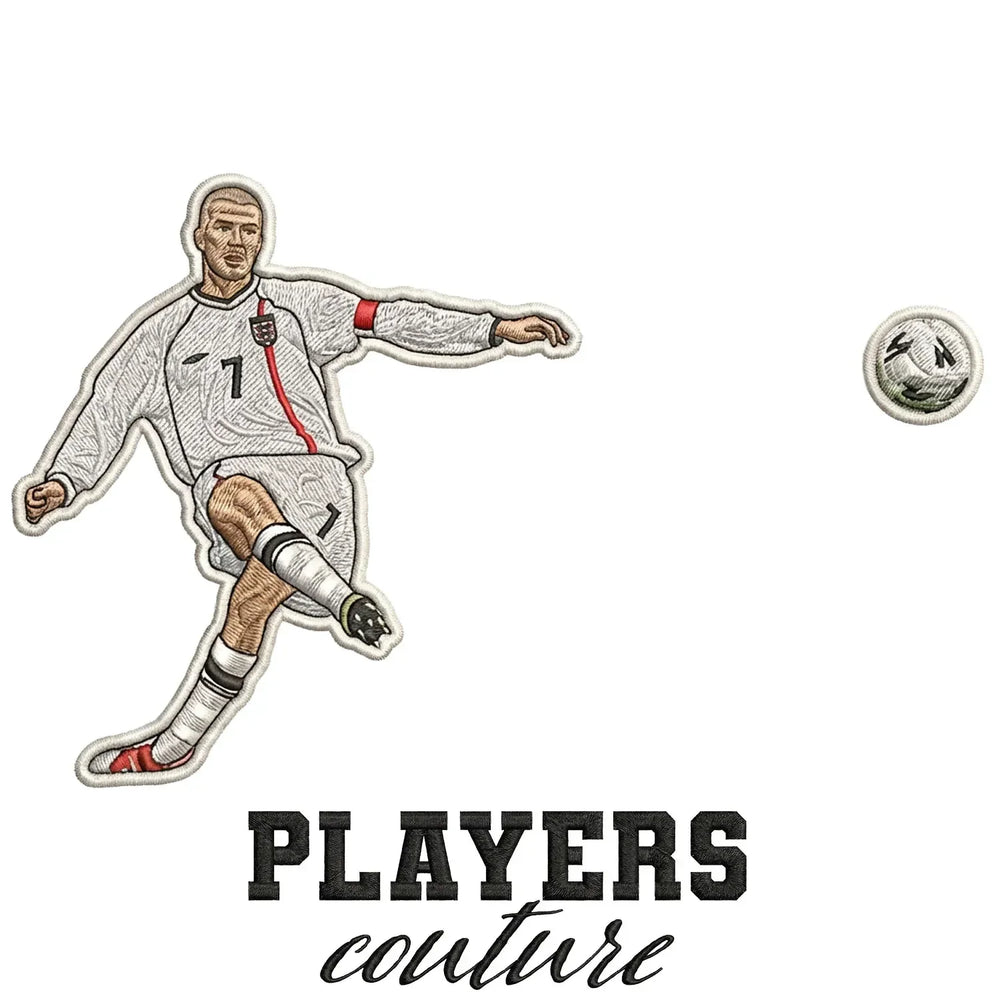 David Beckham England Badge Men's T-Shirt – white close-up detail shot of the David Beckham Players Couture logo design