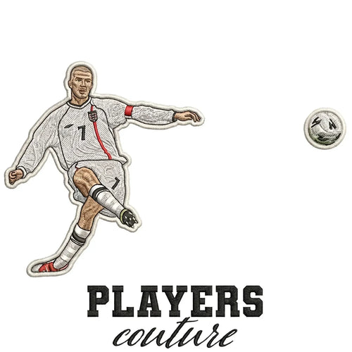 David Beckham England Badge Men's T-Shirt – white close-up detail shot of the David Beckham Players Couture logo design