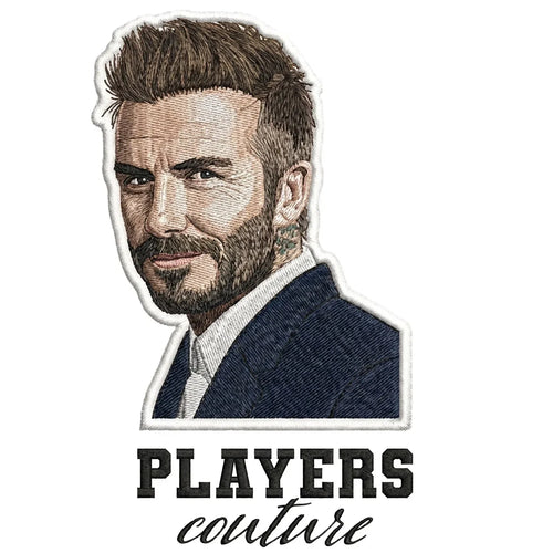 David Beckham Head Badge Men's T-Shirt – white close-up detail shot of the David Beckham Players Couture logo design