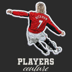 David Beckham Man Utd Badge Men's T-Shirt – black close-up detail shot of the David Beckham Man Utd Players Couture logo