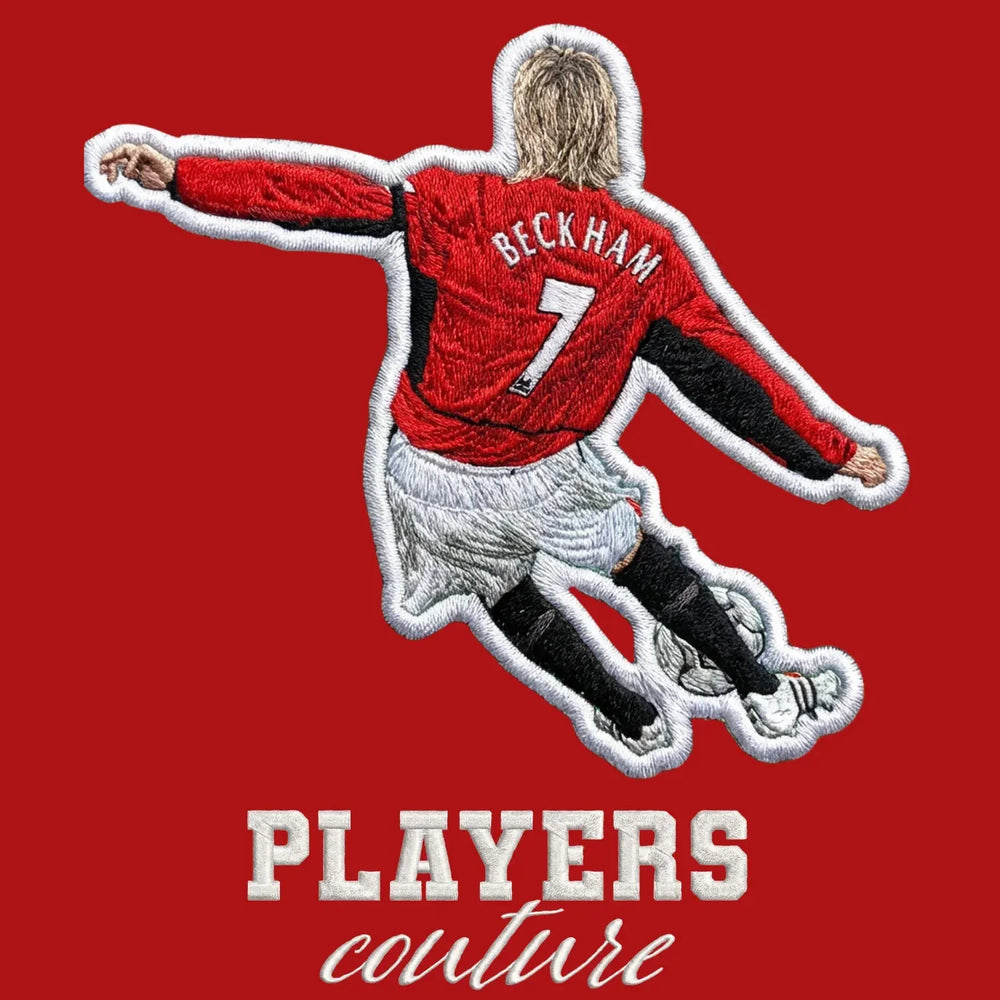 David Beckham Man Utd Badge Men's Hoodie – close-up detail shot of the David Beckham Players Couture logo design