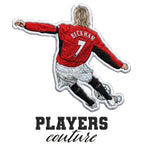 David Beckham Man Utd Badge Men's T-Shirt – white close-up detail shot of the David Beckham Players Couture logo design