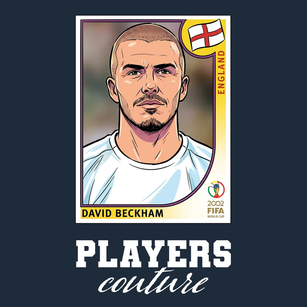 David Beckham 2002 World Cup Sticker Men's T-Shirt – navy close-up detail shot of the David Beckham 2002 World Cup Players