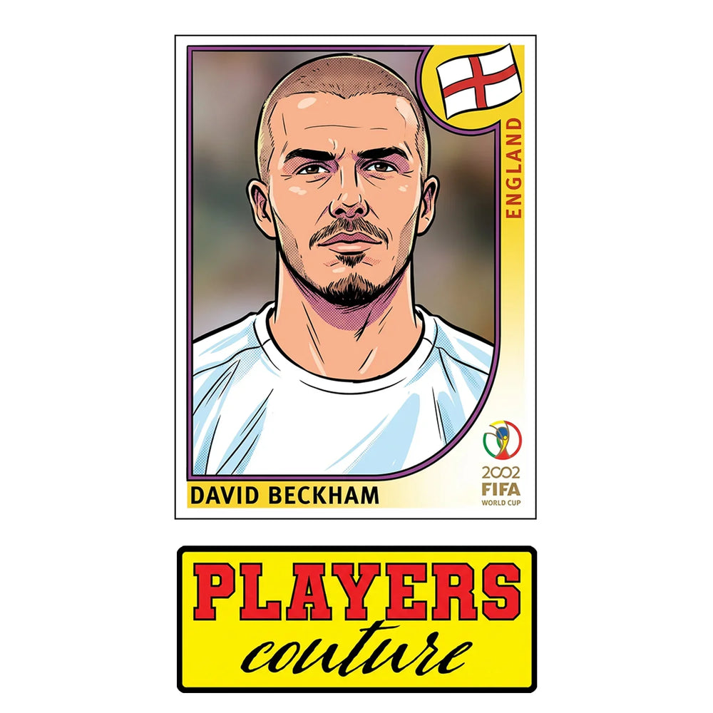 David Beckham 2002 World Cup Sticker Men's T-Shirt – close-up detail shot of the David Beckham 2002 World Cup Players