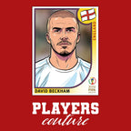 David Beckham 2002 World Cup Sticker Men's T-Shirt – red close-up detail shot of the David Beckham 2002 World Cup Players