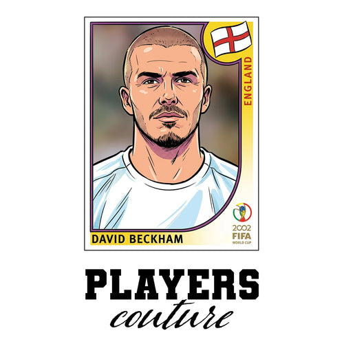 David Beckham 2002 World Cup Sticker Men's T-Shirt – white close-up detail shot of the David Bekham Players Couture logo