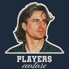 David Ginola Badge Men's T-Shirt – navy close-up detail shot of the David Ginola Players Couture logo design
