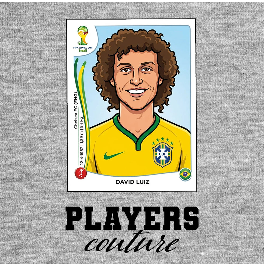 David Luiz World Cup Sticker Men's T-Shirt – grey close-up detail shot of the David Luiz World Cup Players Couture logo