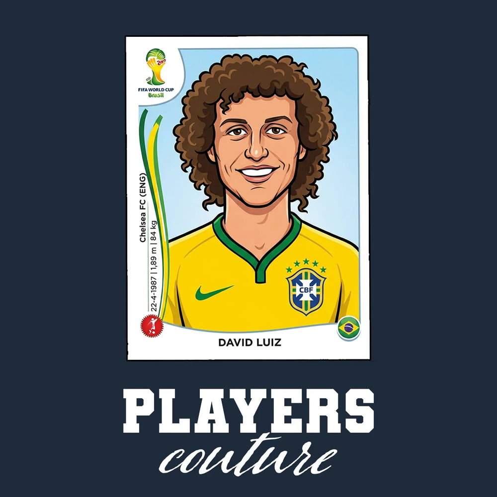 David Luiz World Cup Sticker Men's T-Shirt – navy close-up detail shot of the David Luiz World Cup Players Couture logo