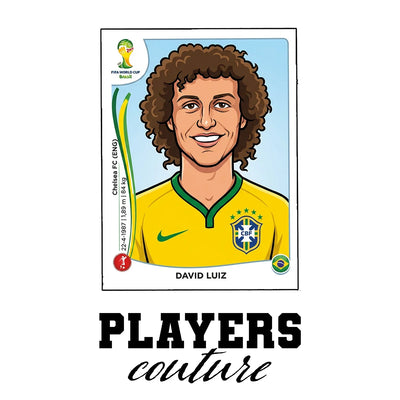 David Luiz World Cup Sticker Men's T-Shirt – white close-up detail shot of the David Luiz Players Couture logo design