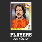 David Seaman World Cup Sticker Men's T-Shirt – black close-up detail shot of the David Seaman World Cup Players Couture logo