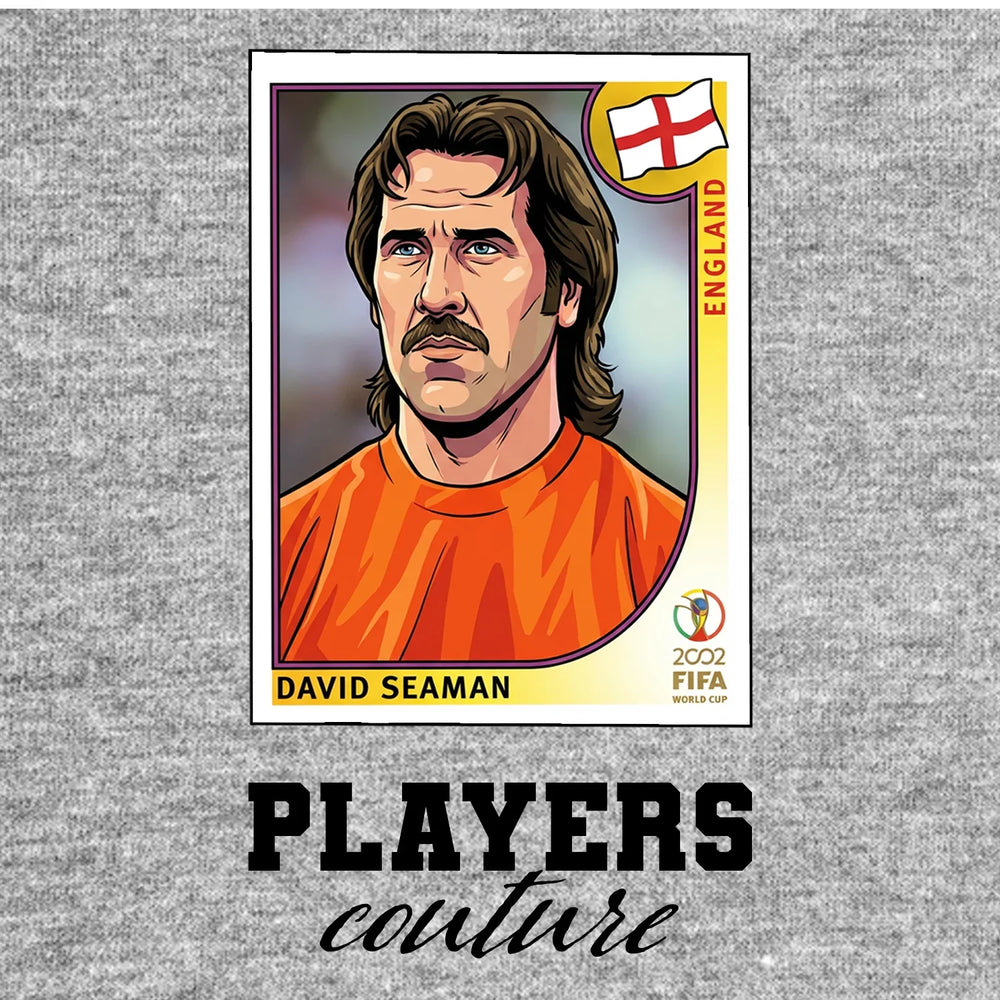 David Seaman World Cup Sticker Men's T-Shirt – grey close-up detail shot of the David Seaman World Cup Players Couture logo