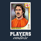 David Seaman World Cup Sticker Men's T-Shirt – navy close-up detail shot of the David Seaman World Cup Players Couture logo