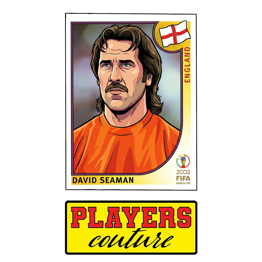 David Seaman World Cup Sticker Men's T-Shirt – close-up detail shot of the David Seaman World Cup Players Couture logo design
