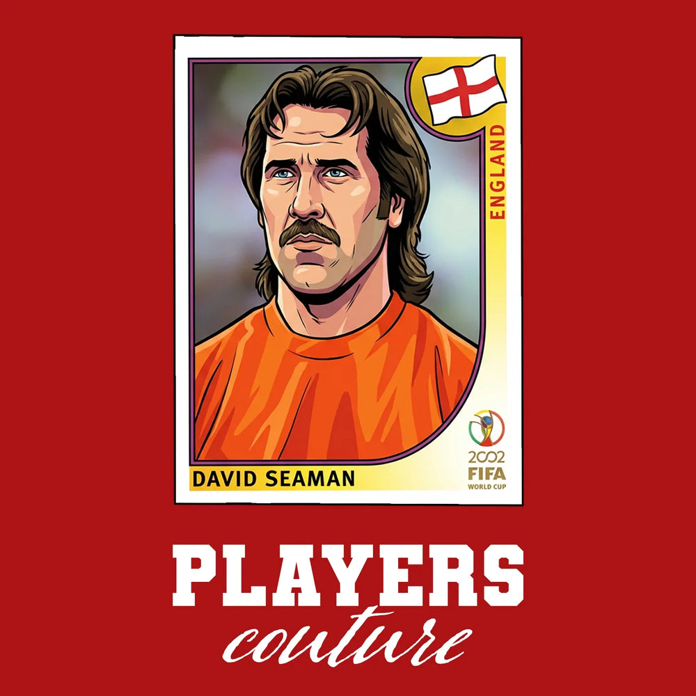 David Seaman World Cup Sticker Men's T-Shirt – red close-up detail shot of the David Seaman World Cup Players Couture logo