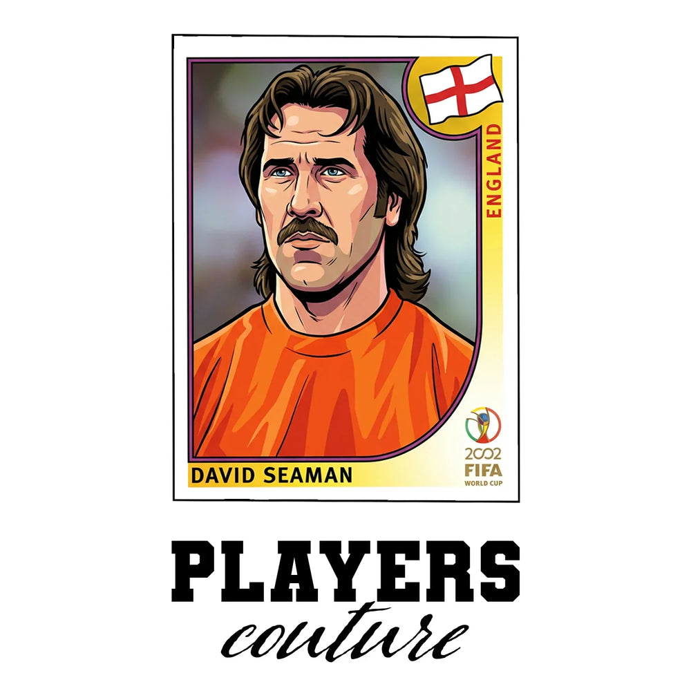 David Seaman World Cup Sticker Men's T-Shirt – white close-up detail shot of the David Seaman Players Couture logo design