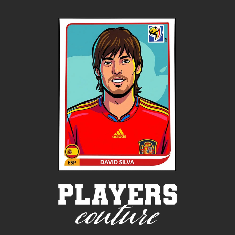 David Silva World Cup Sticker Men's T-Shirt – black close-up detail shot of the David Silva World Cup Players Couture logo