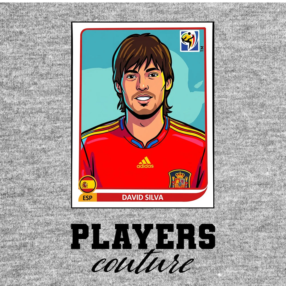 David Silva World Cup Sticker Men's T-Shirt – grey close-up detail shot of the David Silva World Cup Players Couture logo