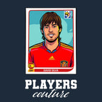 David Silva World Cup Sticker Men's T-Shirt – navy close-up detail shot of the David Silva World Cup Players Couture logo