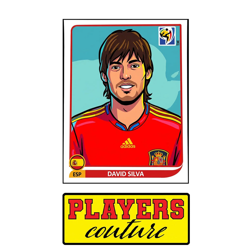 David Silva World Cup Sticker Men's T-Shirt – close-up detail shot of the David Silva World Cup Players Couture logo design