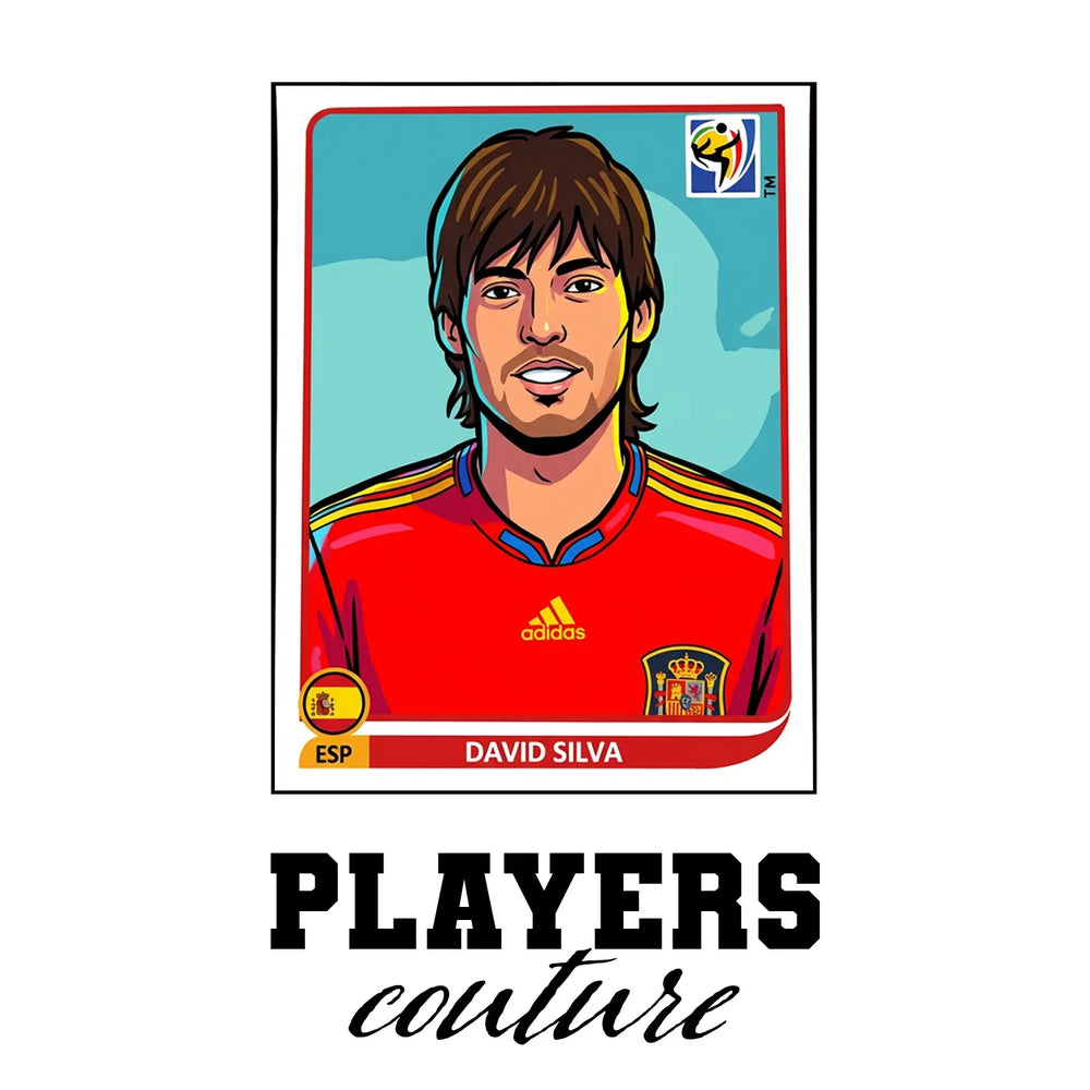 David Silva World Cup Sticker Men's T-Shirt – white close-up detail shot of the David Silva Players Couture logo design