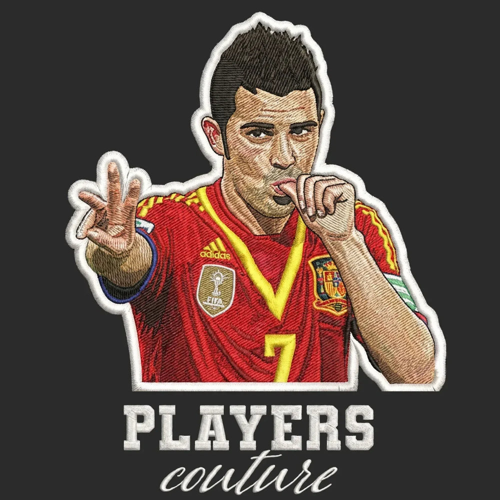 David Villa Badge Men's Hoodie – close-up detail shot of the David Villa Players Couture logo design