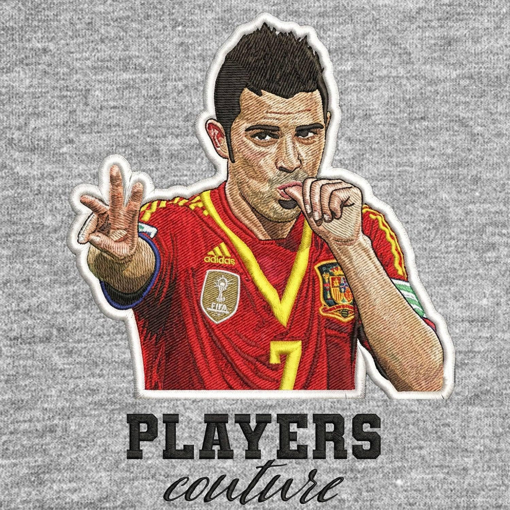 David Villa Badge Men's Hoodie – close-up detail shot of the David Villa Players Couture logo design