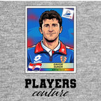 Davor Suker World Cup Sticker Men's T-Shirt – grey close-up detail shot of the Davor Suker World Cup Players Couture logo