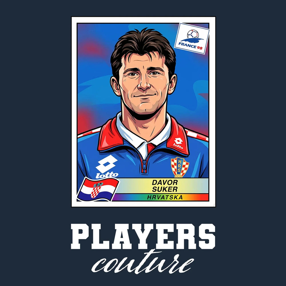 Davor Suker World Cup Sticker Men's T-Shirt – navy close-up detail shot of the Davor Suker World Cup Players Couture logo