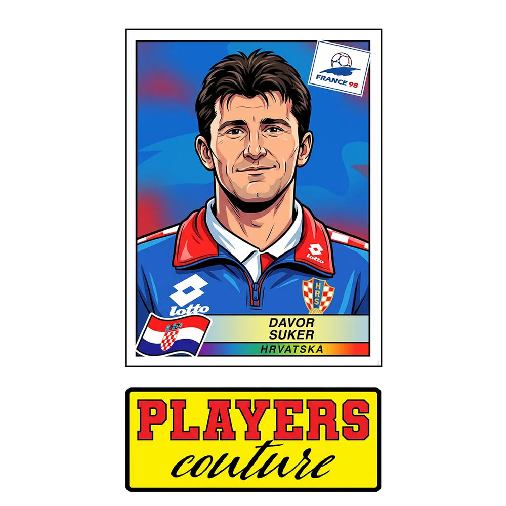 Davor Suker World Cup Sticker Men's T-Shirt – close-up detail shot of the Davor Suker World Cup Players Couture logo design