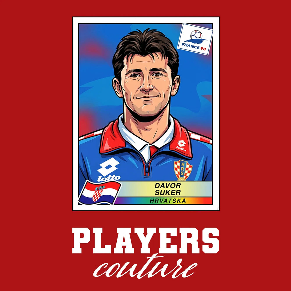 Davor Suker World Cup Sticker Men's T-Shirt – red close-up detail shot of the Davor Suker World Cup Players Couture logo