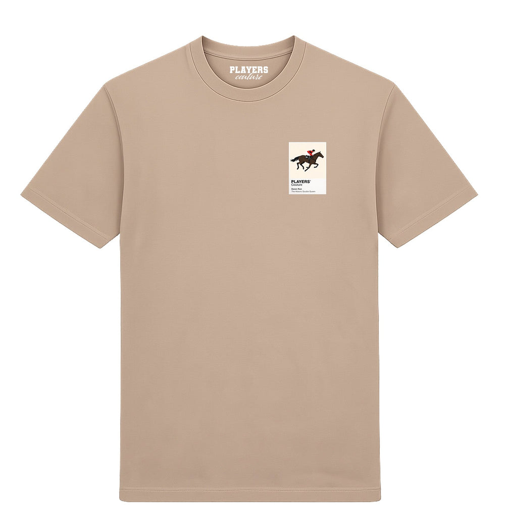 Dawn Run horse racing T-shirt – mens desert sand tshirt view