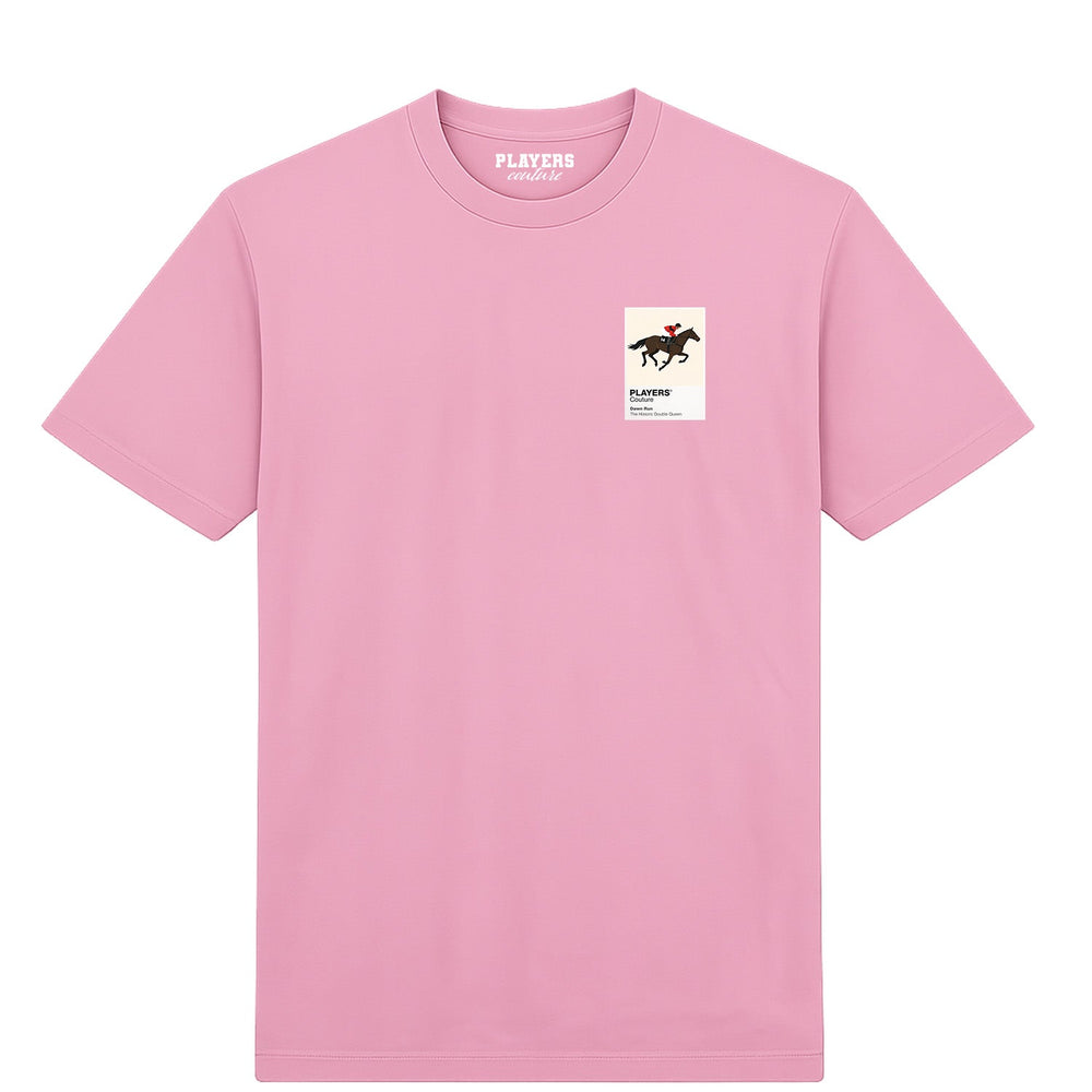 Dawn Run horse racing T-shirt – mens pink tshirt view