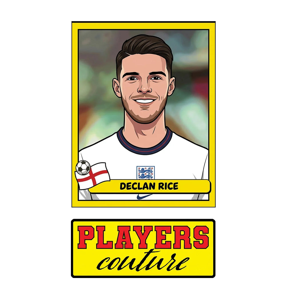 Declan Rice World Cup Sticker Men's T-Shirt – close-up detail shot of the Declan Rice World Cup Players Couture logo design