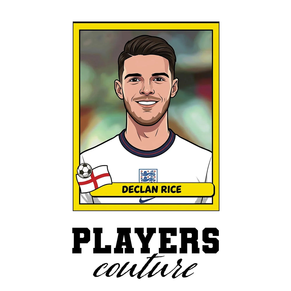 Declan Rice World Cup Sticker Men's T-Shirt – white close-up detail shot of the Declan Rice Players Couture logo design