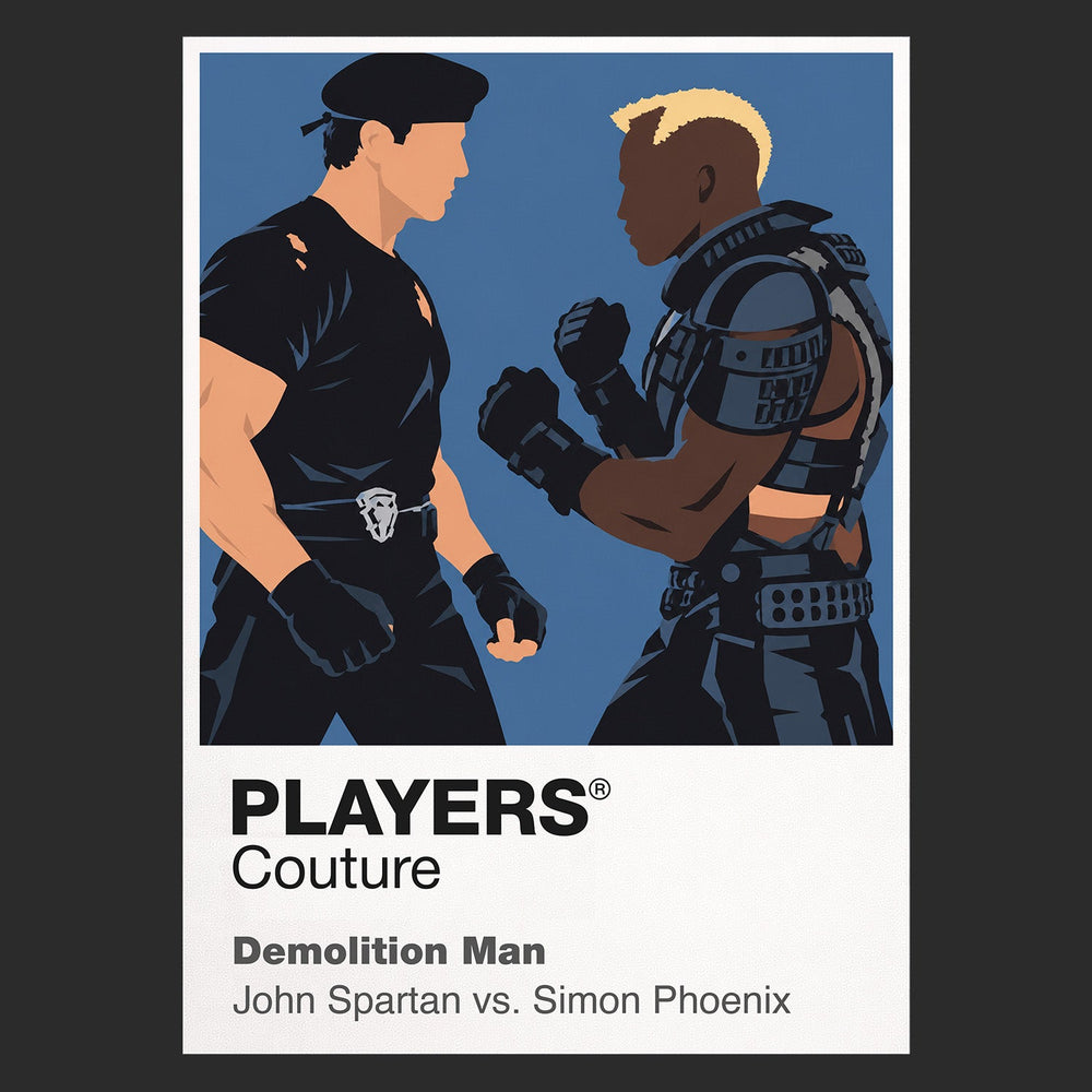 Demolition Man John Spartan and Simon Phoenix colliding in the polished future of San Angeles Icon Frame artwork in black