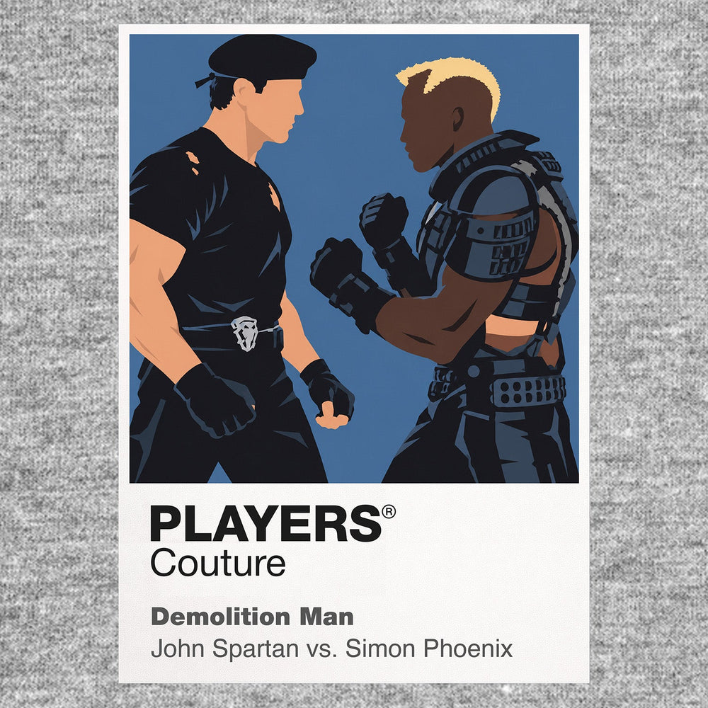 Demolition Man John Spartan and Simon Phoenix colliding in the polished future of San Angeles Icon Frame artwork in grey