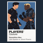 Demolition Man John Spartan and Simon Phoenix colliding in the polished future of San Angeles Icon Frame artwork in navy