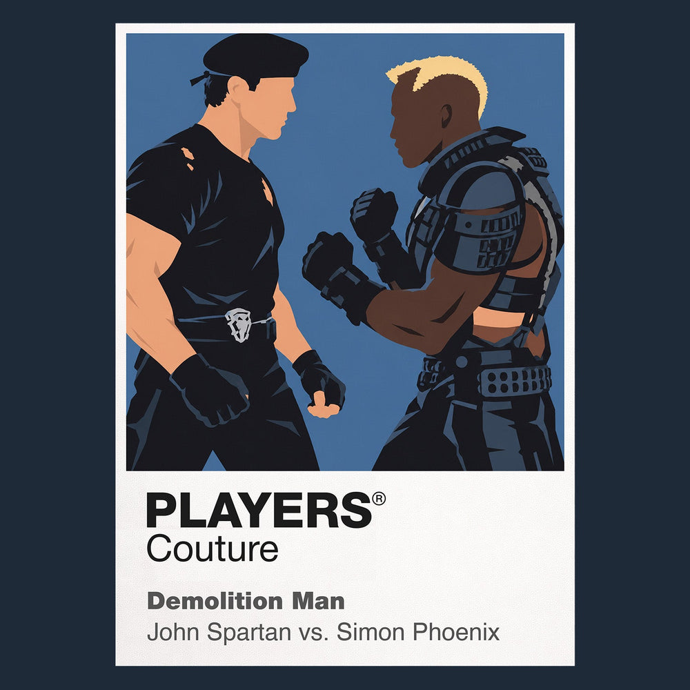 Demolition Man John Spartan and Simon Phoenix colliding in the polished future of San Angeles Icon Frame artwork in navy