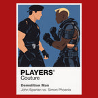 Demolition Man John Spartan and Simon Phoenix colliding in the polished future of San Angeles Icon Frame artwork in red