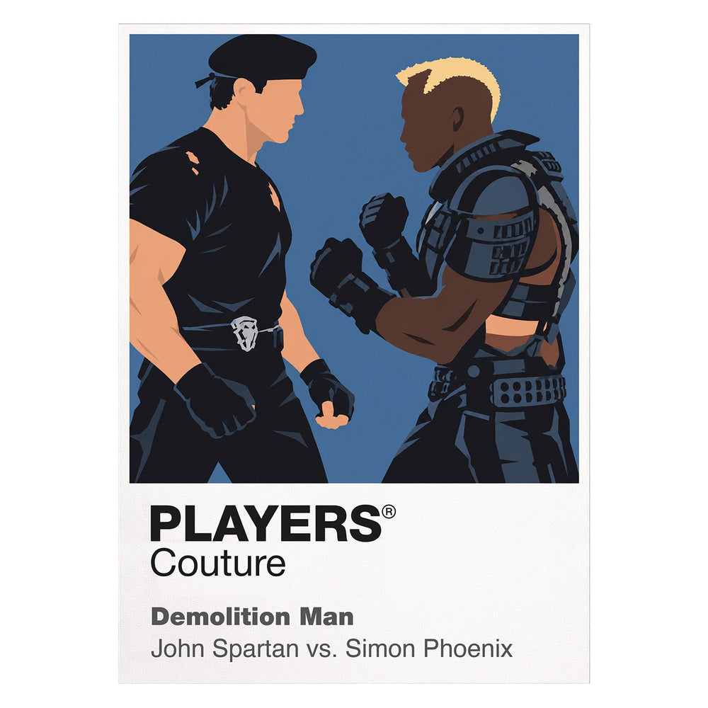 Demolition Man John Spartan and Simon Phoenix colliding in the polished future of San Angeles Icon Frame artwork on white