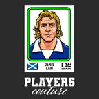 Denis Law World Cup Sticker Men's T-Shirt – black close-up detail shot of the Denis Law World Cup Players Couture logo design