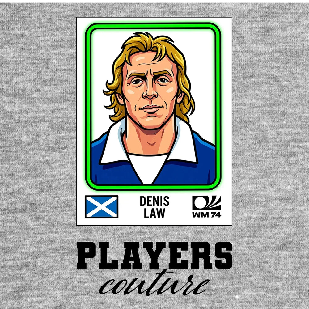 Denis Law World Cup Sticker Men's T-Shirt – grey close-up detail shot of the Denis Law World Cup Players Couture logo design