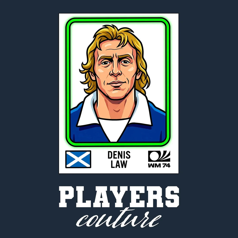 Denis Law World Cup Sticker Men's T-Shirt – navy close-up detail shot of the Denis Law World Cup Players Couture logo design