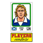 Denis Law World Cup Sticker Men's T-Shirt – close-up detail shot of the Denis Law Players Couture logo design