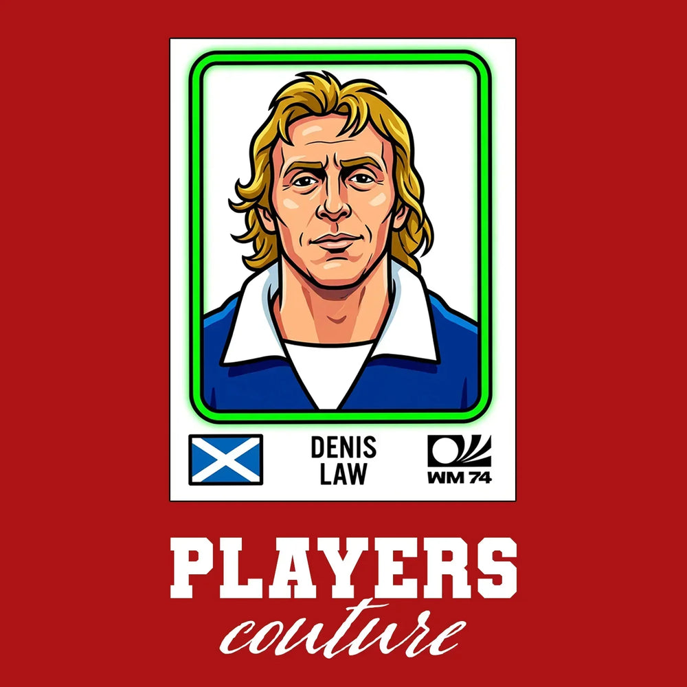 Denis Law World Cup Sticker Men's T-Shirt – red close-up detail shot of the Denis Law World Cup Players Couture logo design