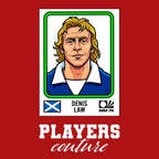 Denis Law World Cup Sticker Men's T-Shirt – red close-up detail shot of the Denis Law World Cup Players Couture logo design