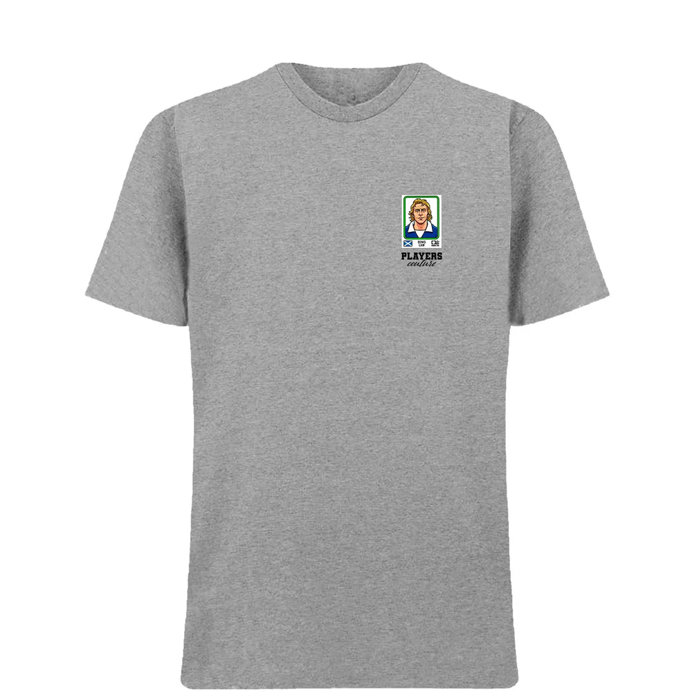 Denis Law World Cup t-shirt – grey men's t-shirt featuring the Denis Law World Cup Players Couture logo