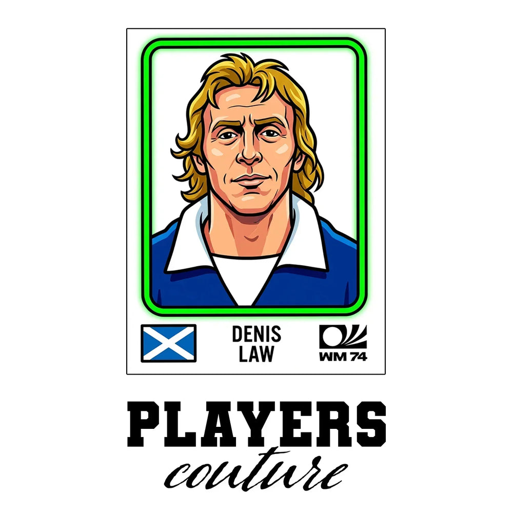 Denis Law World Cup Sticker Men's T-Shirt – white close-up detail shot of the Denis Law World Cup Players Couture logo design